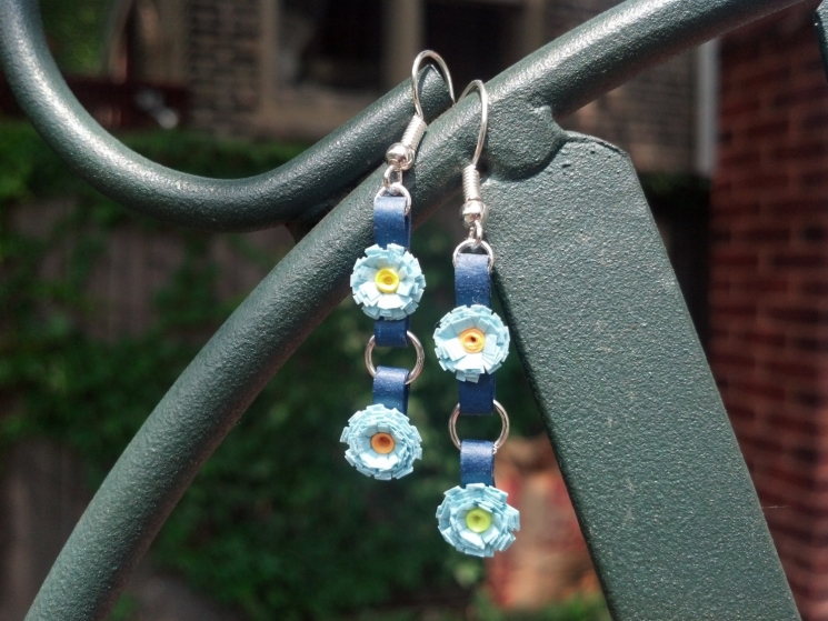 handmade flowers, handmade earrings, blue dangle earrings, gift for her