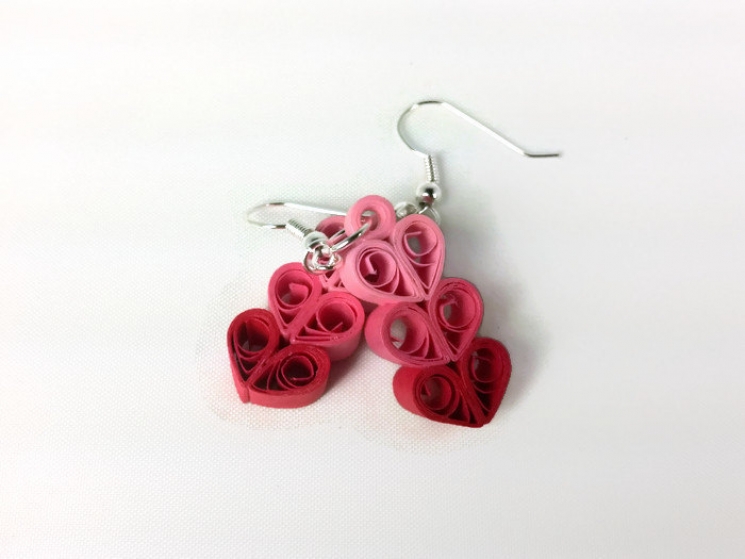 triple hearts, handmade earrings, handmade heart earrings, paper heart