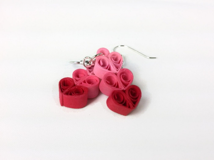 three hearts earrings, heart earrings, paper quilling heart, heart jewelry