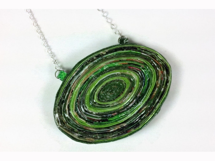 upcycyled paper necklace, large green pendant, huge green necklace, handmade
