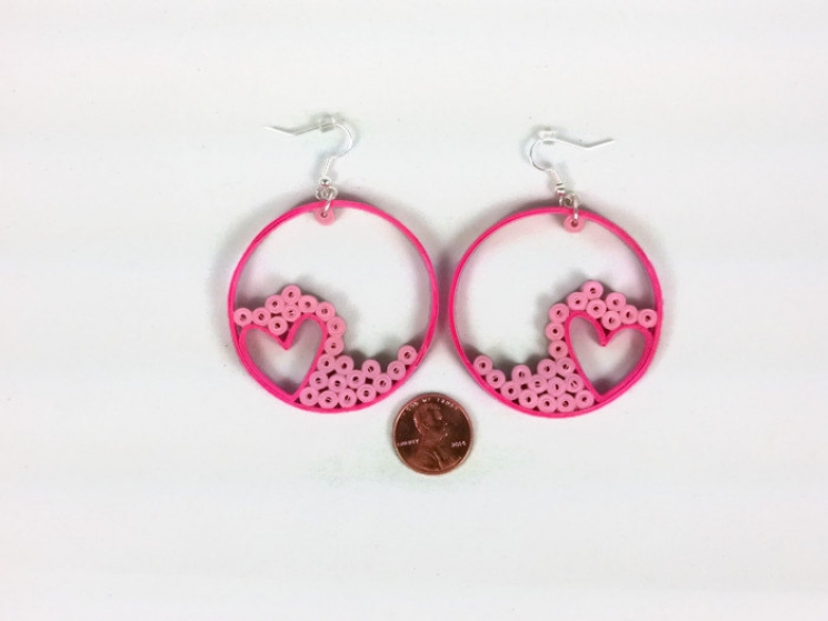 quilling heart earrings, unique jewelry, unique gift, gift for her, pink jewelry