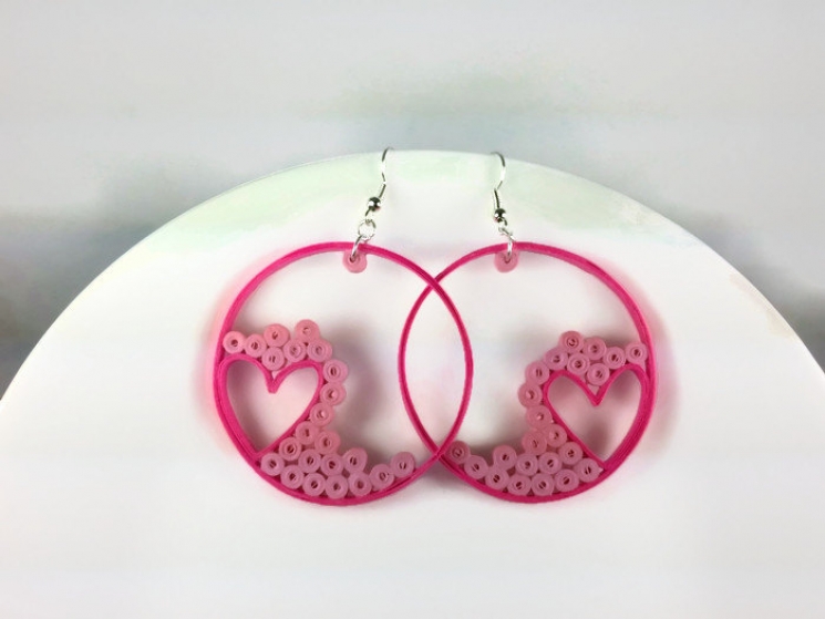pink hoops, pink hoop earrings, heart hoops, hot pink earrings, heart jewelry