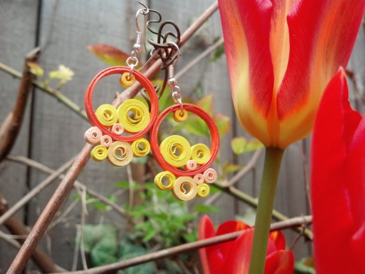 paper quill earrings, funky earrings, orange boho earrings, yellow boho earrings