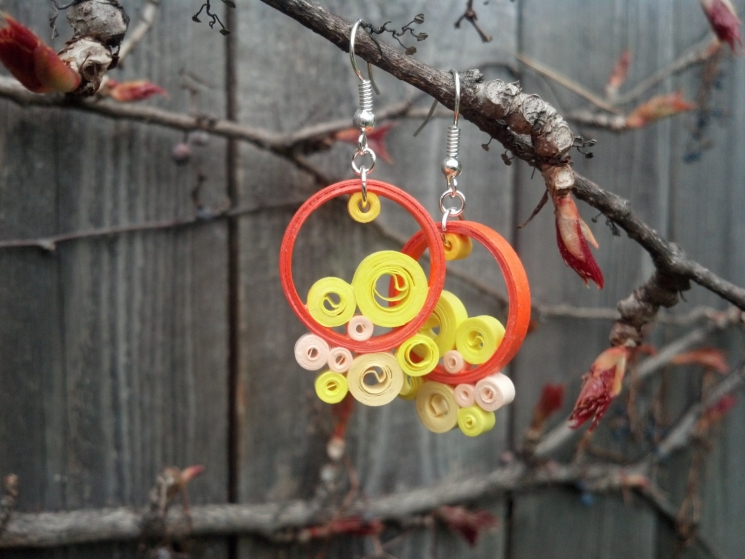 orange and yellow earrings, bohemian dangle earrings, funky orange earrings
