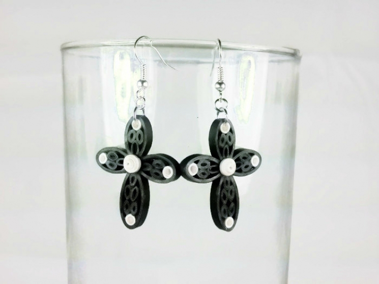 handmade cross earrings, black quilling jewelry, black cross earrings