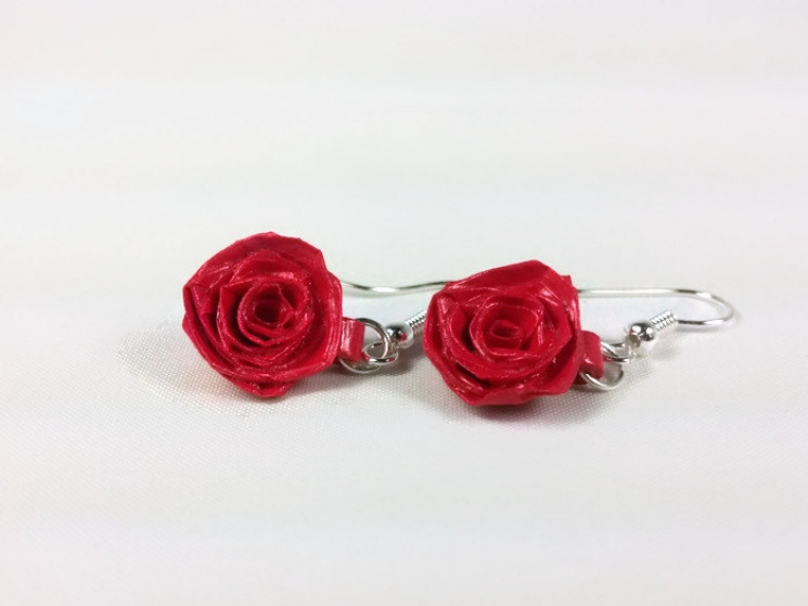 red rose drop earrings, paper rose earrings, red rose earrings, small roses