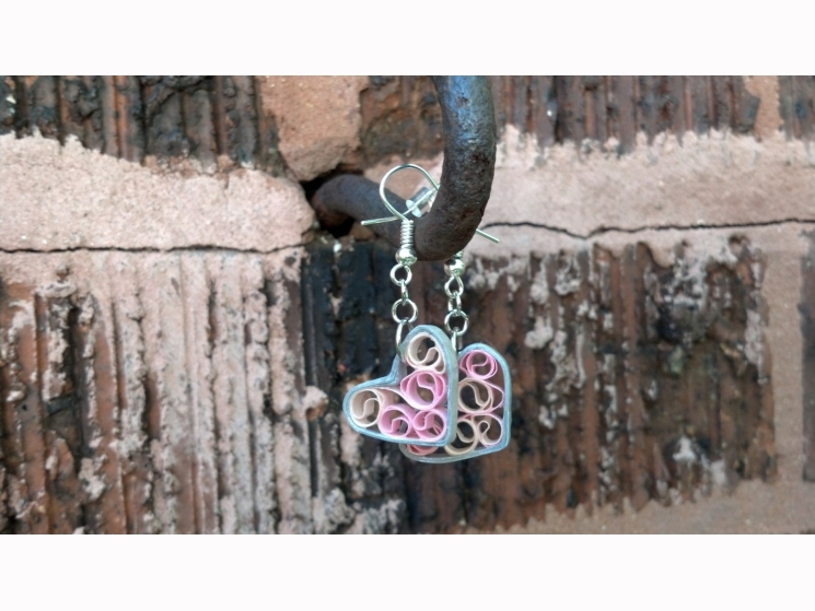 silver and pink hearts, paper quilling earrings, paper quilled jewelry, eco chic