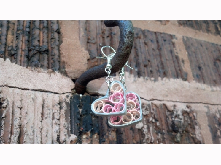 paper quilling jewelry, paper filigree, pink filigree, hearts earrings