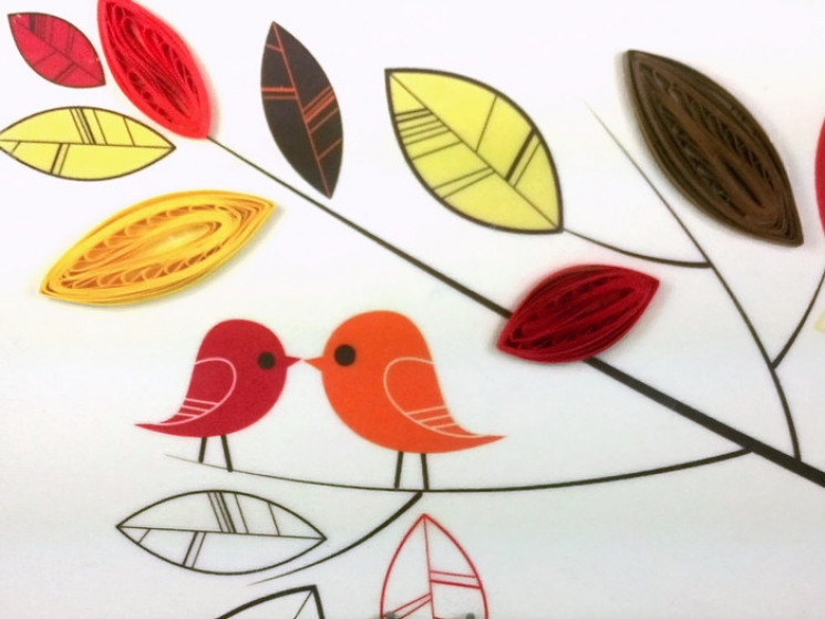 quilling art, love birds print, love birds art, love birds on canvas, love birds
