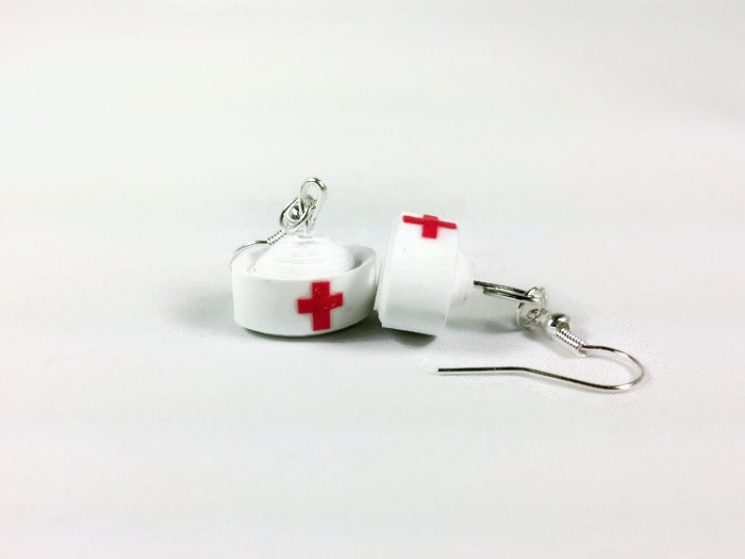 red cross, white nurse hat, handmade earrings, nurses rock, nursing student
