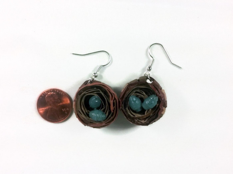 bird nest jewelry, paper nest, handmade nest earring, blue eggs, two eggs