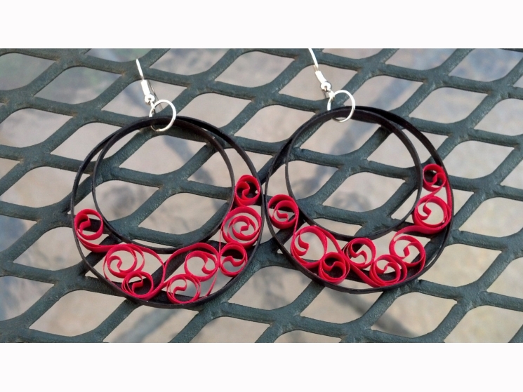 red earrings, large earrings, hoop earrings, paper earrings, half moon hoops