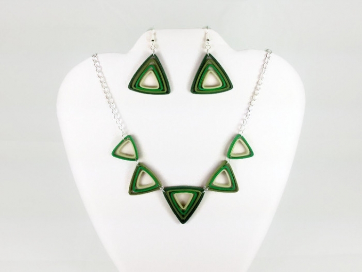 triangle jewelry set, paper quilling jewelry, paper jewelry, mod jewelry