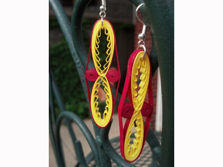 colorful statement earrings, maroon and gold, paper quilling jewelry