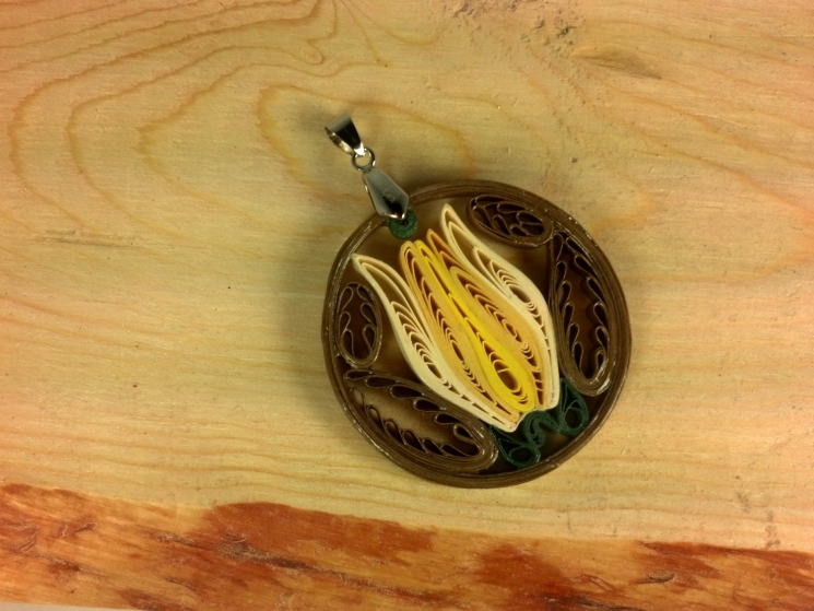 Yellow Tulip Pendant, Bronze Paper Filigree, Tulip Necklace, Paper Quilling