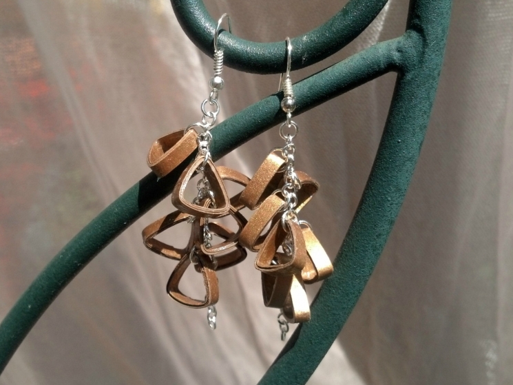 gold triangle cluster earrings, handmade earrings, paper quilled earrings, paper