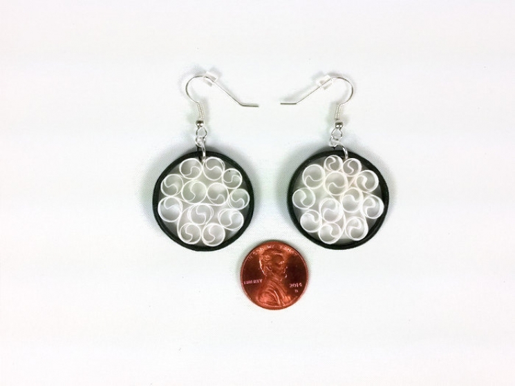 small earrings, round black earrings, paper anniversary gift, white filigree