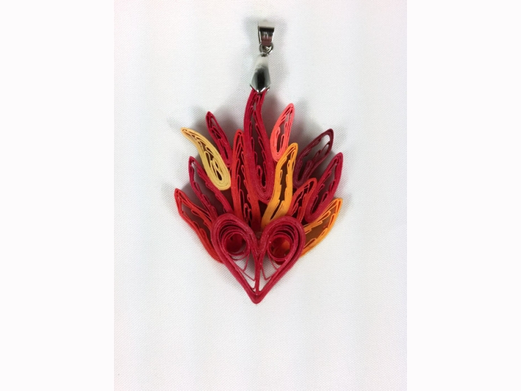 paper quilled heart on fire pendant, quilling hearts pendant, heart on fire