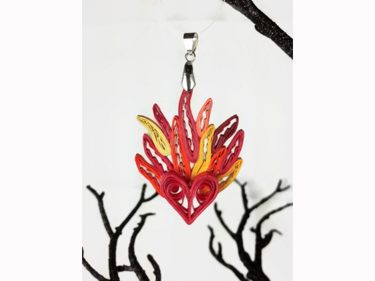flaming heart pendant, sacred heart pendant, paper quilling heart necklace