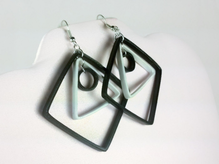 white and black earrings, large diamond shaped earrings, paper quilling earrings