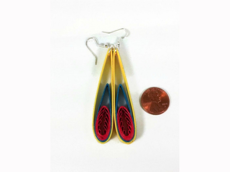 paper filigree earrings, yellow and red, red and yellow, handmade earrings