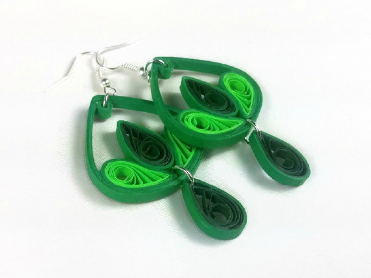 green chandelier drop earrings, paper filigree earrings, eco friendly jewelry
