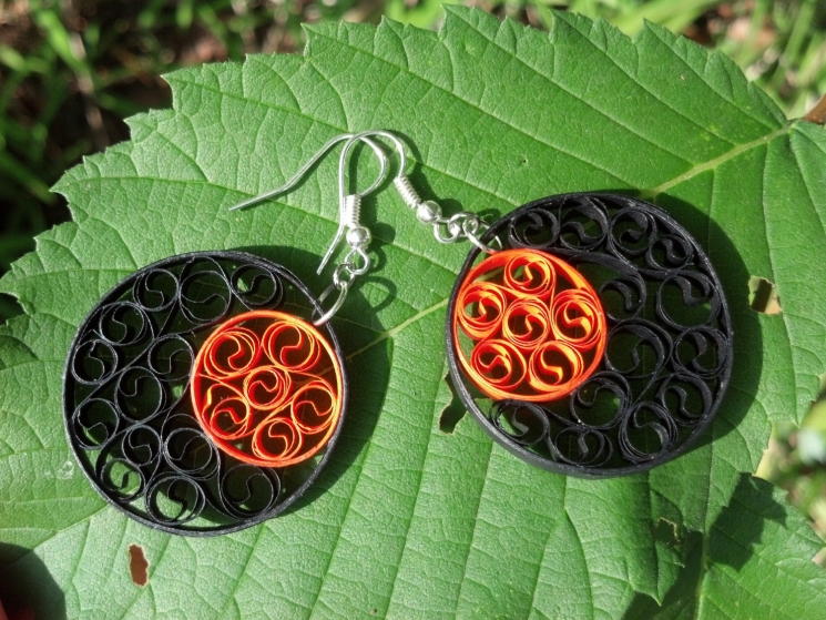 orange and black earrings, round earrings, black boho earrings, orange earrings