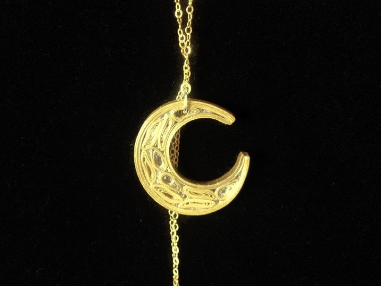 paper quilled gold moon necklace, gold crescent necklace, quilling necklace