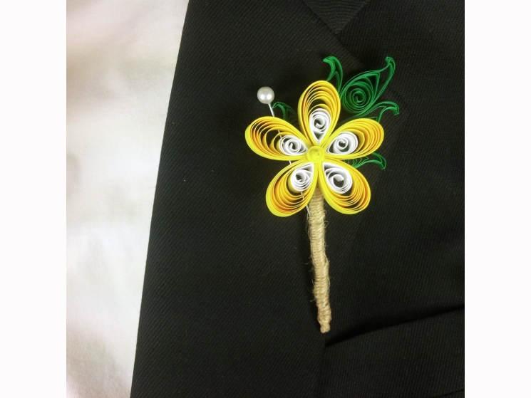 yellow paper boutonniere, yellow sorrel, paper frangipani, mens wedding flower