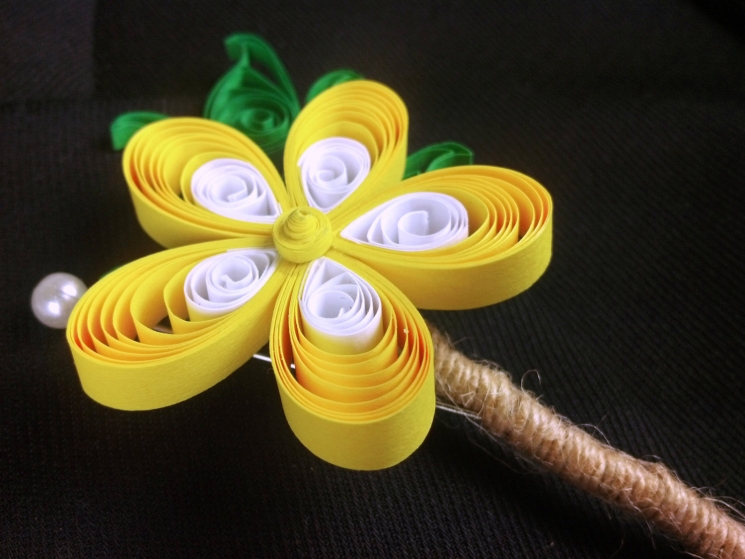 mens wedding boutonniere, yellow flower, paper quill flower, paper buttonhole