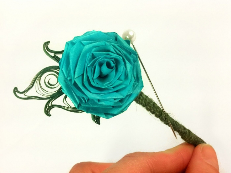 turquoise paper rose boutonniere, paper flower boutonniere, paper boutonniere