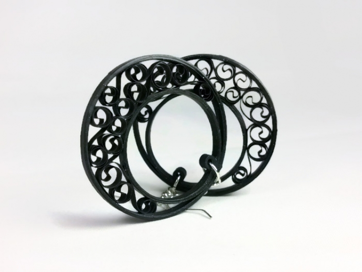 black filigree earrings, half moon hoops, black earrings, black hoop earrings