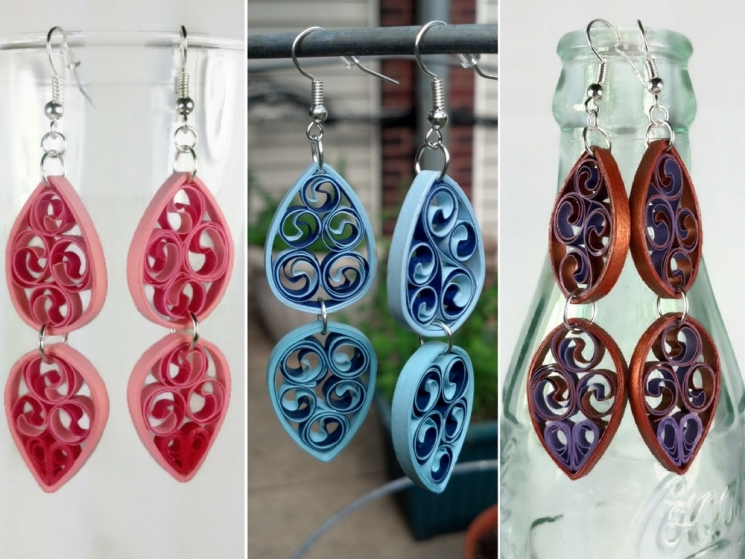 double teardrop earrings, paper filigree earrings, pink filigree, blue filigree