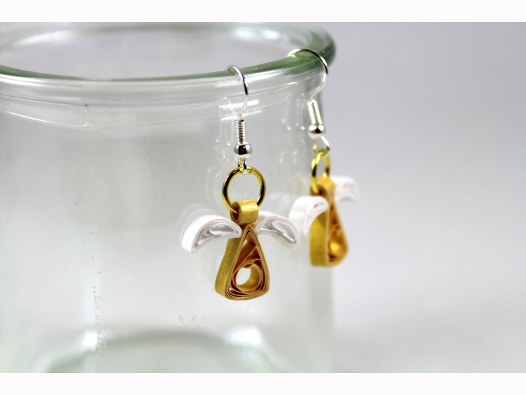 gold angel earrings, angel earrings, gold angels, paper quill angel, paper angel
