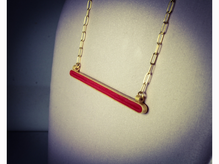 horizontal bar necklace, gold horizontal bar, gold and red, red and gold
