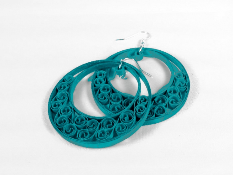 paper earrings, eco-friendly earrings, green hoop earrings, turquoise hoops