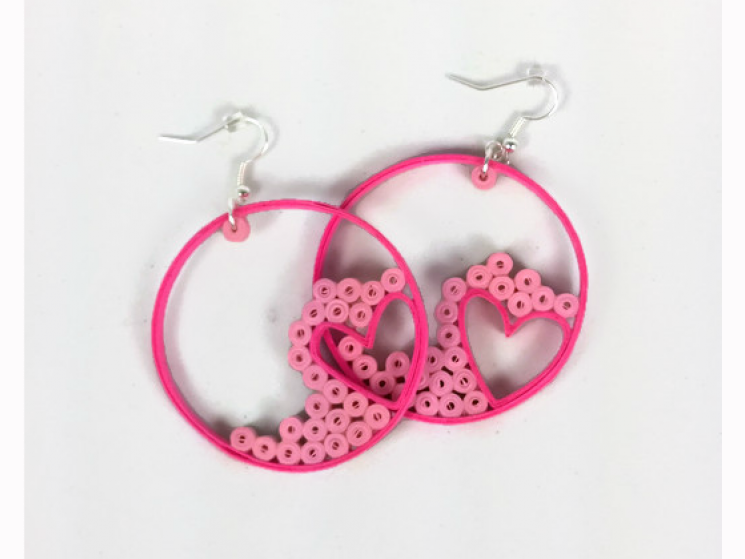 pink heart hoop earrings, paper quilling jewelry, pink hearts, heart earrings