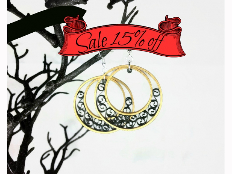 sale earrings, gold hoop earring, black filigree, gold hoop, paper quill earring