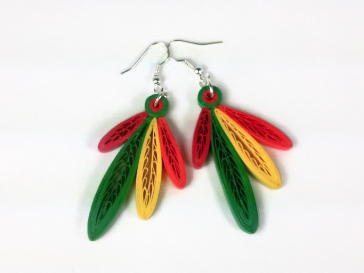 paper earrings, quilled feathers, hawks feathers, hawk feathers, reggae colors