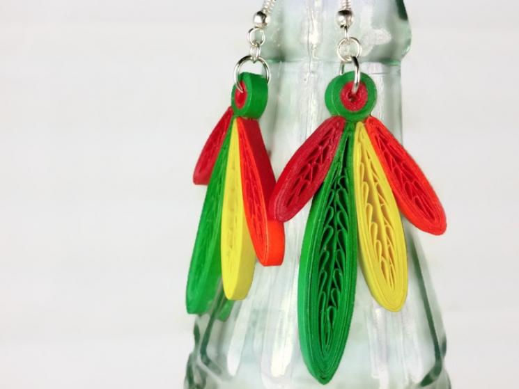 paper quilling earrings, four feathers earrings, Chicago earrings