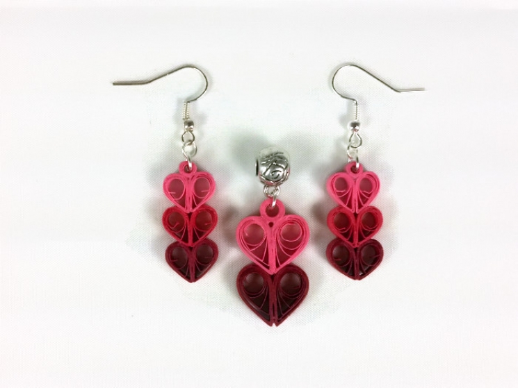 heart jewelry, heart earrings, heart necklace, paper quilling hearts