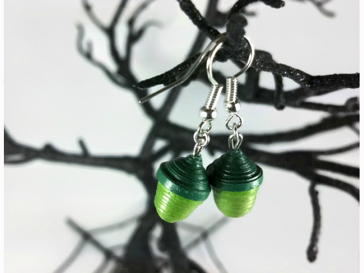 handmade earrings, paper jewelry, acorn jewelry, acorn jewellery, moss green