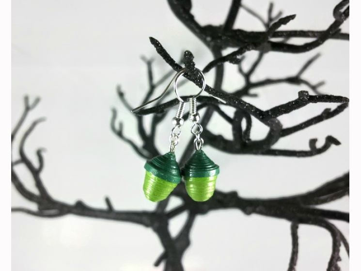 colorful acorns, paper earrings, handmade acorns, handmade jewelry, sage green