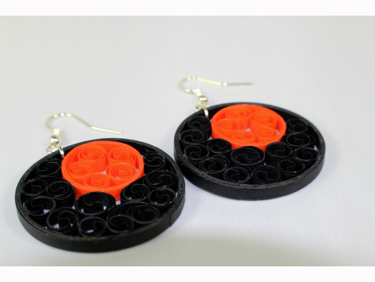 black dangle earrings, paper quilling earrings, orange moon, handmade earrings