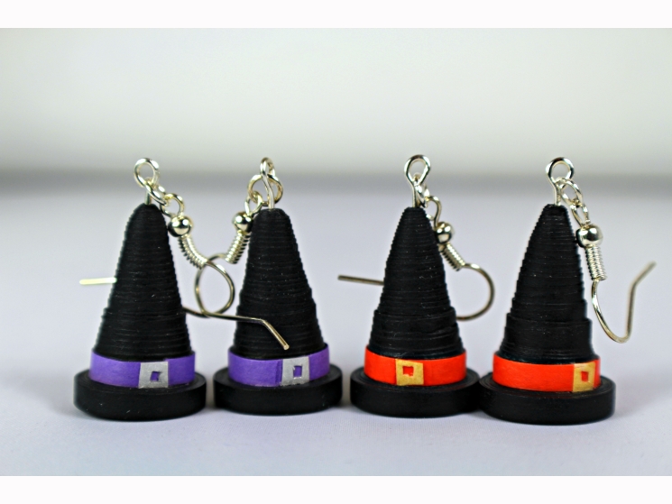 handmade witch hat earrings, black witch hats, green witch hats, handmade witch