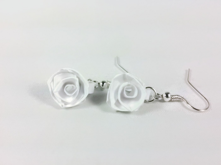 white rose earrings, pink rose earrings, purple rose earrings, origami roses