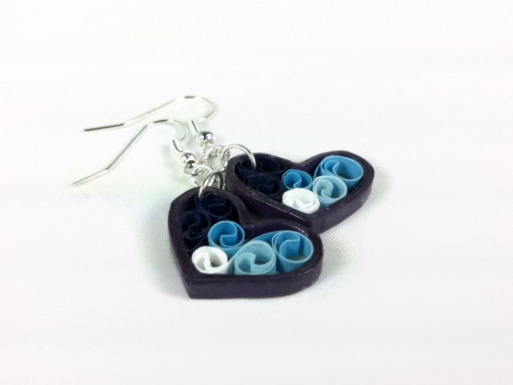 blue filigree, blue heart earrings, purple heart earrings, handmade earrings