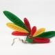 reggae earrings, Chicago jewelry, red green yellow orange feathers, 4 feathers