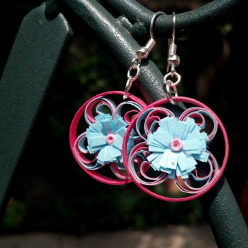 pink and blue earrings, blue daisy earrings, paper filigree earrings