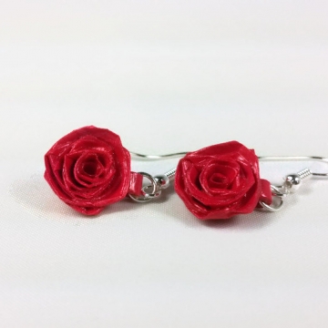 red rose drop earrings, paper rose earrings, red rose earrings, small roses
